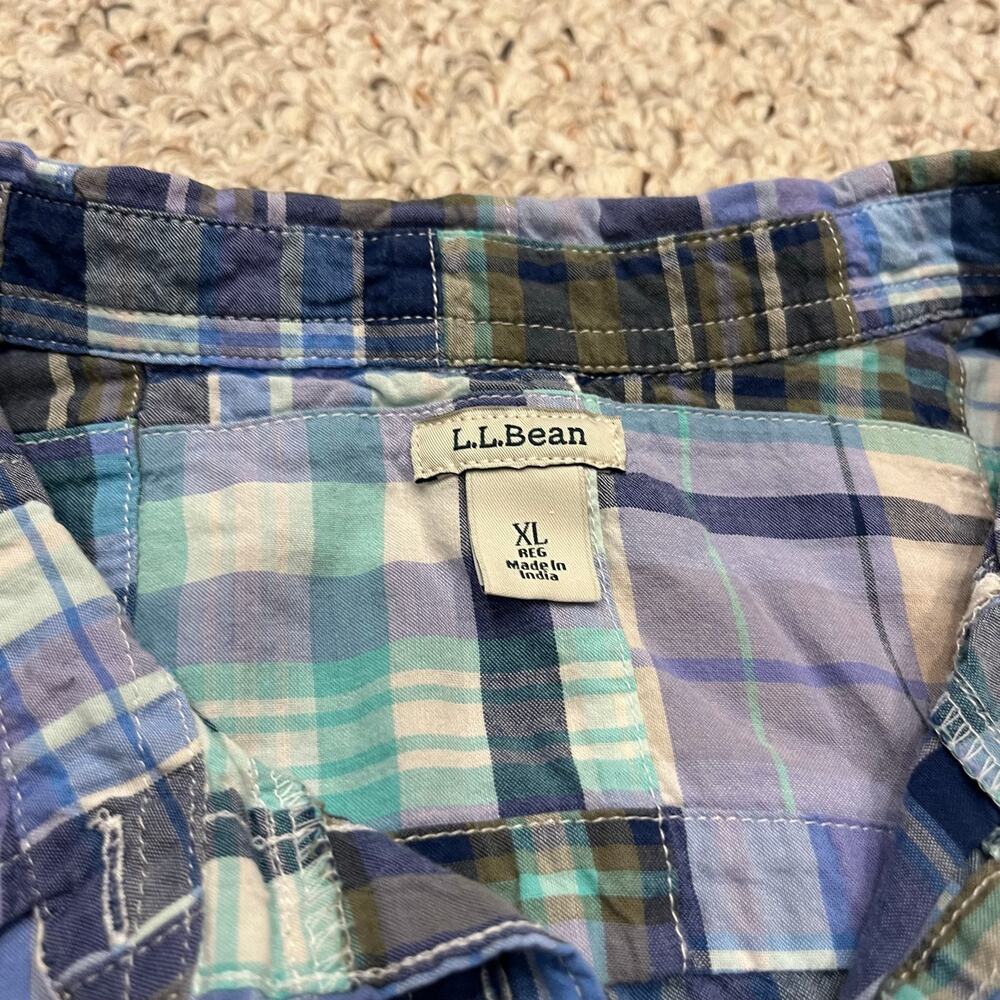 LL Bean Madras Patchwork Convertible Button Down Shirt XL Preppy Plaid Classic - Picture 2 of 6